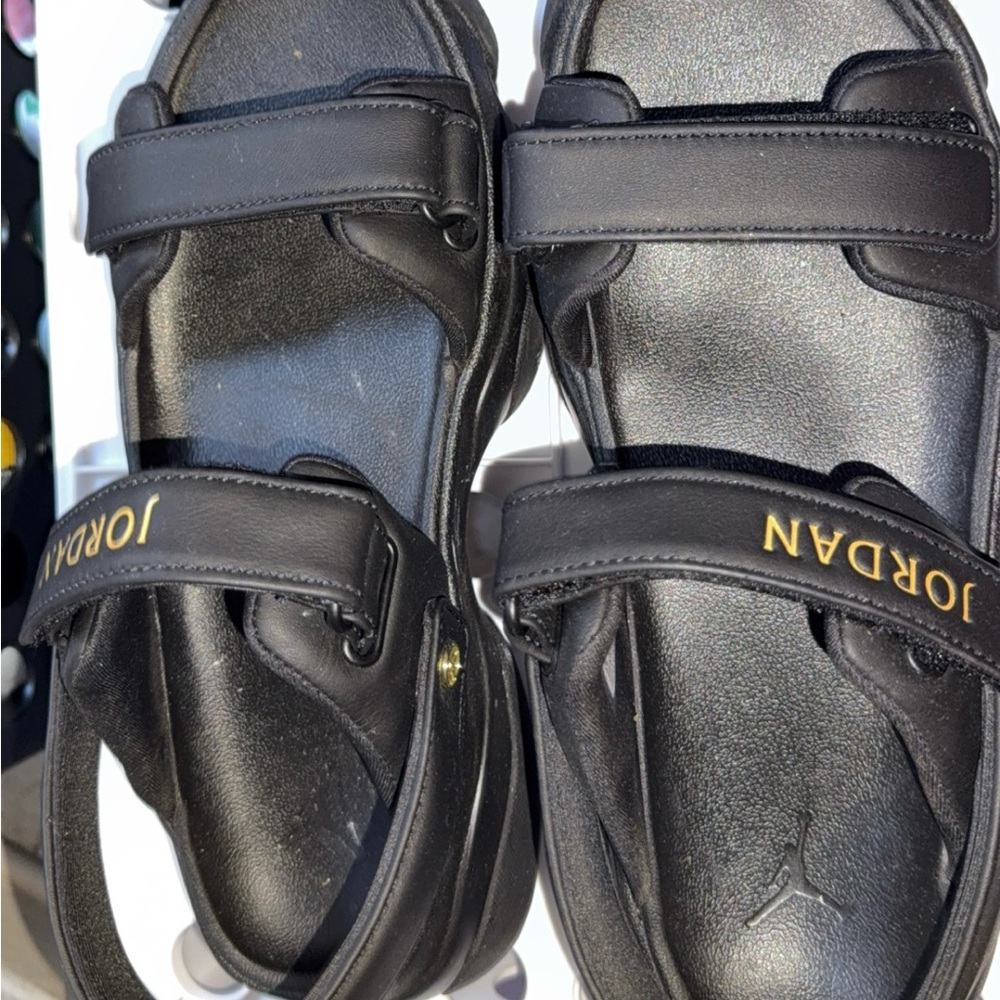 Jordan Black Sandals with Gold Logo